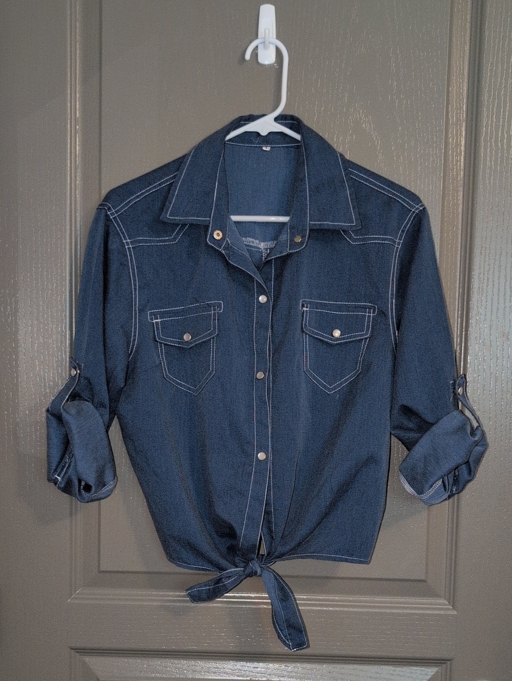 Womens Dark Blue Tie-Front Shirt Jeans Top